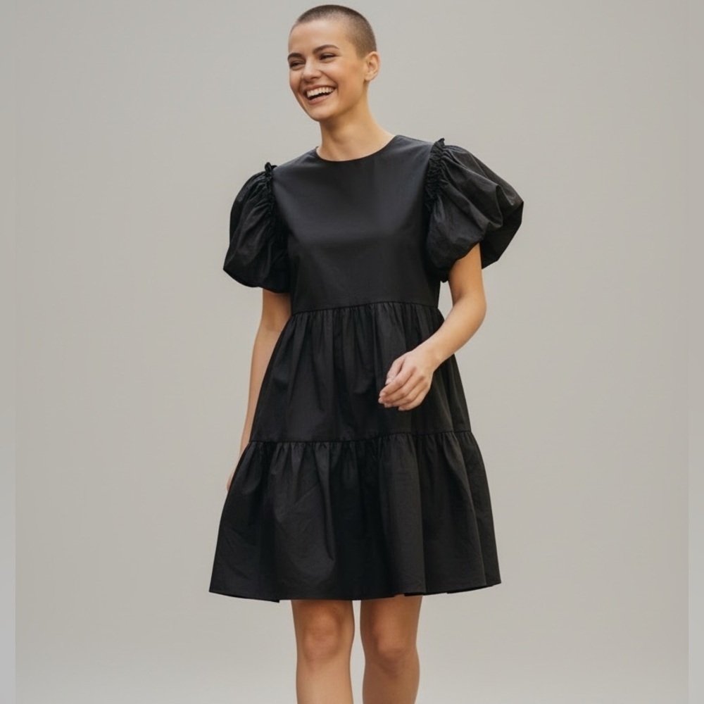 Black Puff-Sleeve Tiered Mini Dress